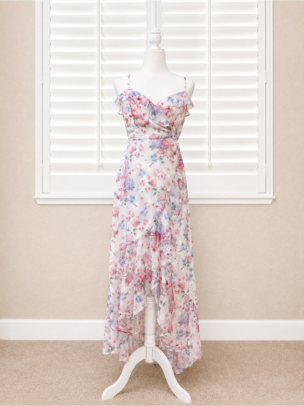 Lulus Beautifully Blissful White Floral Print High-low Wrap Maxi Dress - Size S